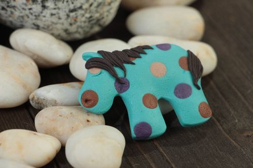 Handmade designer polymer clay animal brooch small blue polka dot horse - MADEheart.com