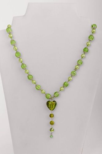 Handmade designer long necklace with green glass beads and ceramic pearls  - MADEheart.com