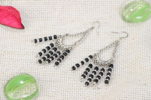 Handmade stylish long metal earrings with beads black-and-white summer accessory - MADEheart.com
