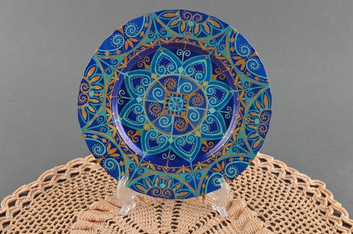 Расписная тарелка ручной работы керамическая тарелка глиняная посуда голубая - MADEheart.com