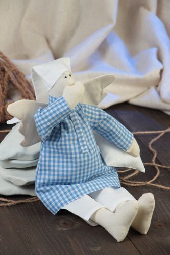 Handmade designer fabric soft doll sleepy angel in blue checkered night shirt - MADEheart.com