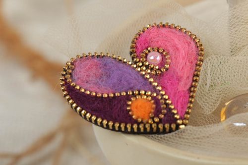 Bright brooch with zipper decor made of felted wool Heart present for girl - MADEheart.com