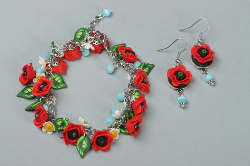 Handmade polymer clay jewelry set Poppies - MADEheart.com
