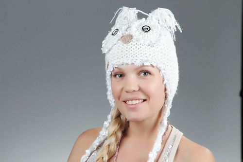 Bonnet hibou blanc tricoté à la main   - MADEheart.com