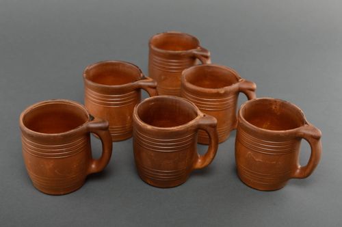 Set of natural red clay drinking 15 oz 6 (six) cups with handles and no pattern - MADEheart.com