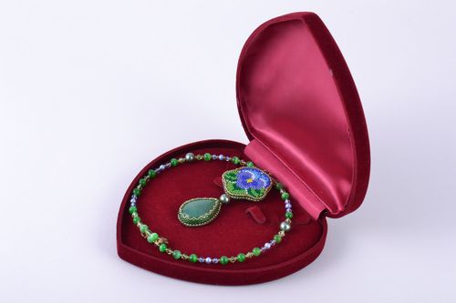 Handmade womens necklace embroidered with beads and natural stones with charm - MADEheart.com