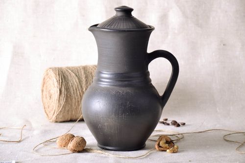 60 oz ceramic black color classic style water jug with handle and lid 1,4 lb - MADEheart.com