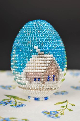 Easter egg handmade beaded decor egg blue egg with the house Easter decoration - MADEheart.com