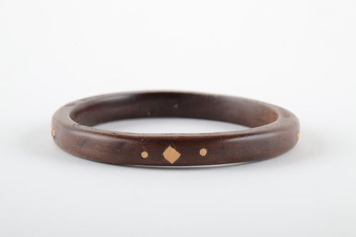 Thin dark handmade varnished wooden wrist bracelet with inlay for women - MADEheart.com