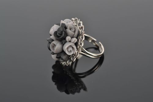Polymer clay ring with gray roses - MADEheart.com