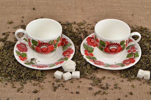 Set of 5 oz white coffee cups set of two cups with handle and saucer - MADEheart.com