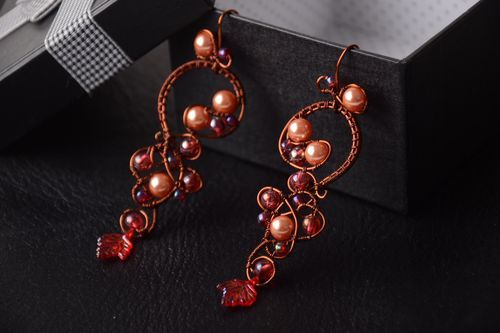 Handmade long beaded earrings designer dangling earrings pink jewelry - MADEheart.com