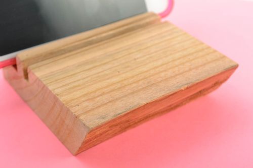 Simple laconic designer homemade wooden varnished eco friendly phone stand  - MADEheart.com