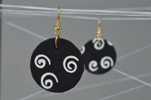 Handmade round fabric dangling earrings black with white ornament on carton basis - MADEheart.com