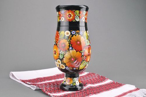 12 inches tall handmade wooden decorative vase in floral Russian design 1,6 lb - MADEheart.com