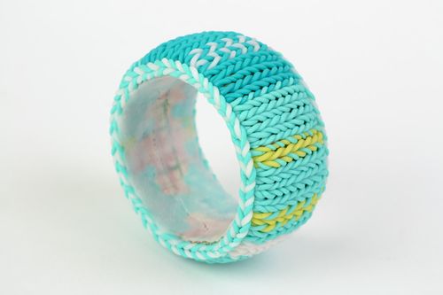 Bangle wide wrist bracelet on the wooden basis with knitted cover in blue and turquoise color - MADEheart.com