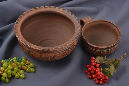 Cazuela de barro y taza original hechas a mano vajilla de barro ecológica - MADEheart.com