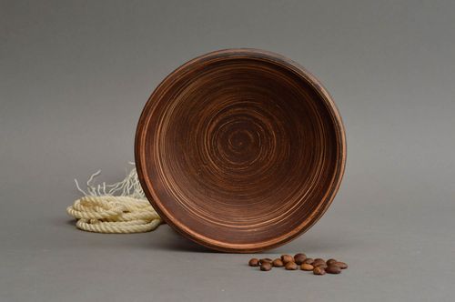 Handmade brown low ceramic bowl kilned with milk in ethnic style red clay - MADEheart.com