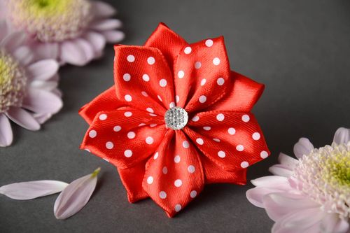 Handmade hair band with satin ribbon red kanzashi flower with cabochon - MADEheart.com