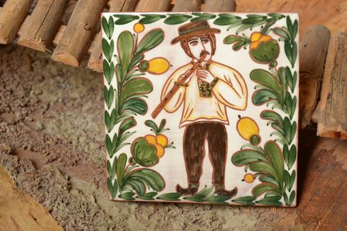 Square decorative handmade wall tile made of clay painted in ethnic style - MADEheart.com