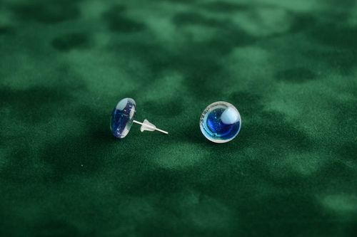 Small glass stud earrings fusing technique with blue tint handmade accessory - MADEheart.com