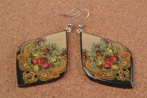 Beautiful handmade designer polymer clay earrings with decoupage elegant jewelry - MADEheart.com