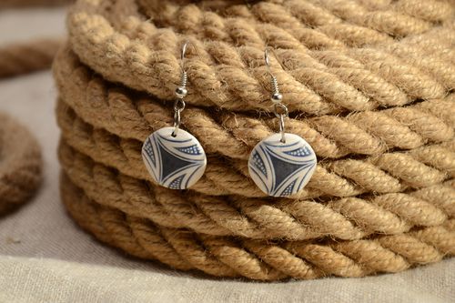 Handmade clay dangle round earrings with pattern of light color - MADEheart.com