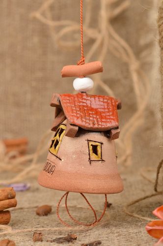 Ceramic bell wall hanging decoration handmade clay souvenir House with red roof - MADEheart.com