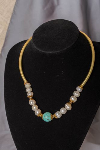 Handmade designer latten necklace with turquoise beads and natural pearls - MADEheart.com