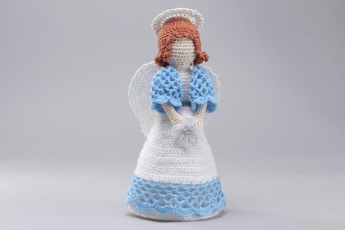 Handmade soft toy angel crocheted of white and blue cotton and acrylic threads - MADEheart.com