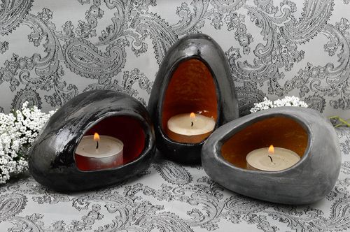 Handmade black candlestick stylish cute candlestick unusual ceramic element - MADEheart.com