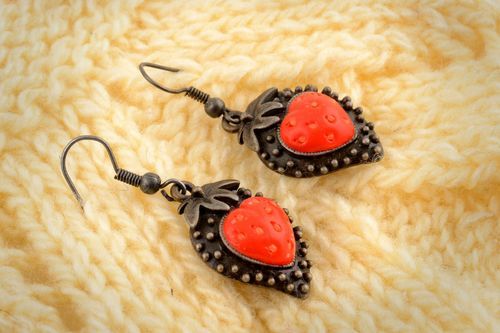 Beautiful handmade stylish long earrings made of polymer clay Strawberry - MADEheart.com