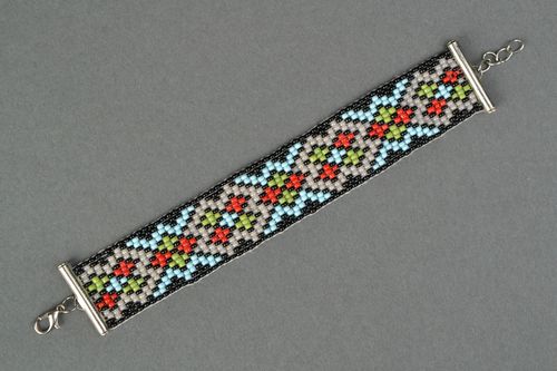 Ethnic ornament wide beaded bracelet in black, red, green, gray color - MADEheart.com