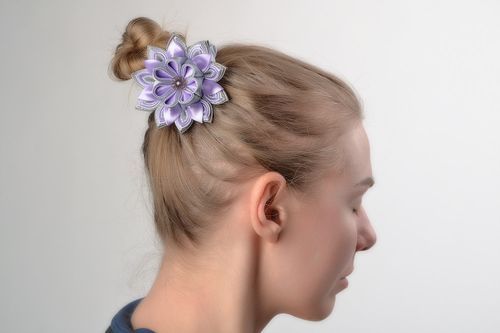 Large handmade kanzashi flower hair tie of lilac and gray colors - MADEheart.com