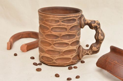 Large ceramic morning coffee drinking cup in light brown color with handle - MADEheart.com
