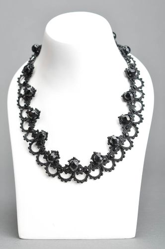 Handmade black necklace made of Czech beads and threads using tatting technique - MADEheart.com