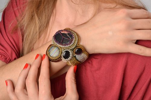 Handmade stylish massive bracelet embroidered with beads with natural stones - MADEheart.com