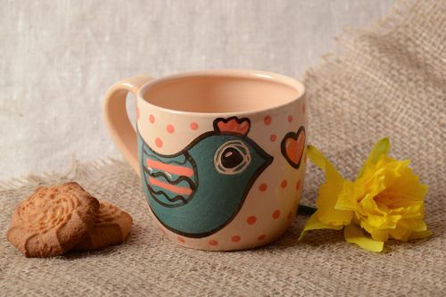 Kids ceramic drinking cup with blue bird painting - MADEheart.com