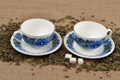 Set of Russian floral style white and blue coffee cups with handles and saucers - MADEheart.com