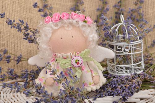 Beautiful small handmade fabric soft doll with wings and wreath interior hanging - MADEheart.com