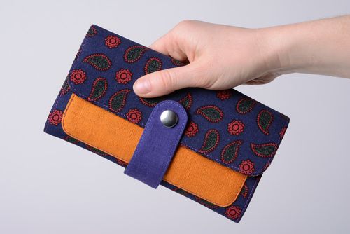 Handmade two colored womens wallet sewn of cotton and linen fabrics with stud - MADEheart.com