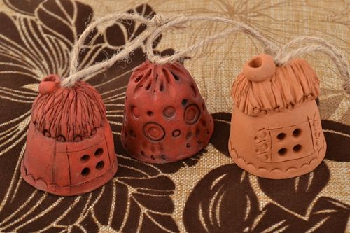 Set of small handmade wall hanging ceramic ethnic bells with cords Houses - MADEheart.com