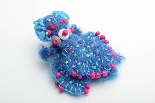 Designer handmade blue woolen brooch with beads stylish accessory for jacket - MADEheart.com