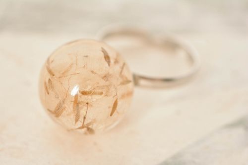 Handmade ring with large transparent epoxy resin ball with dandelion inside - MADEheart.com