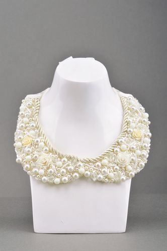 Handmade festive decorative white bead embroidered collar necklace Tenderness - MADEheart.com