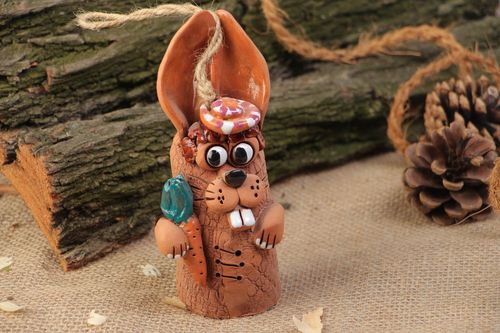 Handmade painted clay bell in the shape of hare for interior decor - MADEheart.com