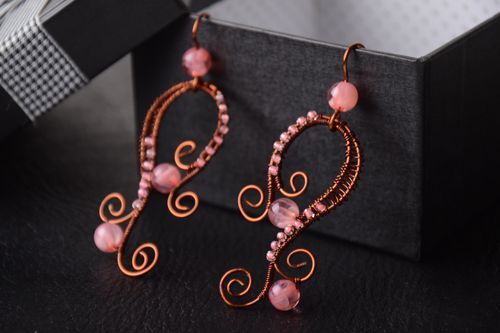 Handmade designer copper earrings unusual beaded earrings metal pink jewelry - MADEheart.com