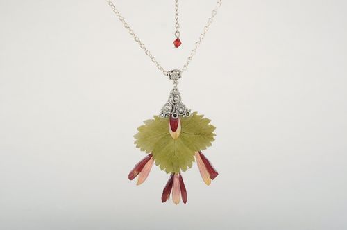 Pendant with Golden-Daisy Petals and  Strawberry Leaf - MADEheart.com