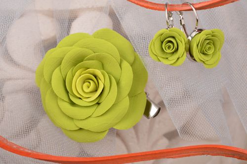 Handmade designer jewelry set polymer clay flower brooch and earrings Lime - MADEheart.com
