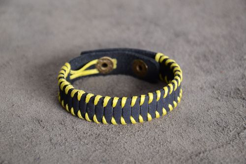 Handmade black genuine leather wrist bracelet with yellow cord and rivets - MADEheart.com